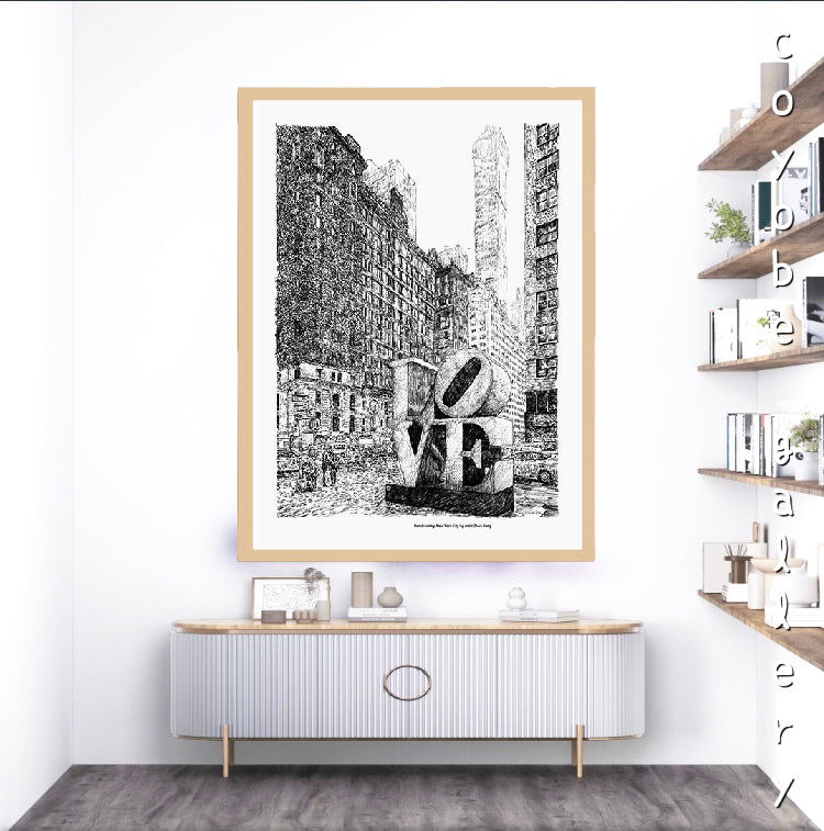 Pen drawing "LOVE Sculpture 6th AVE - NYC"